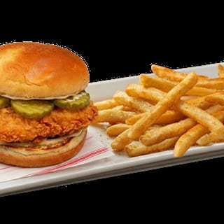 Chicken sandwich, Fries & a can of soda.