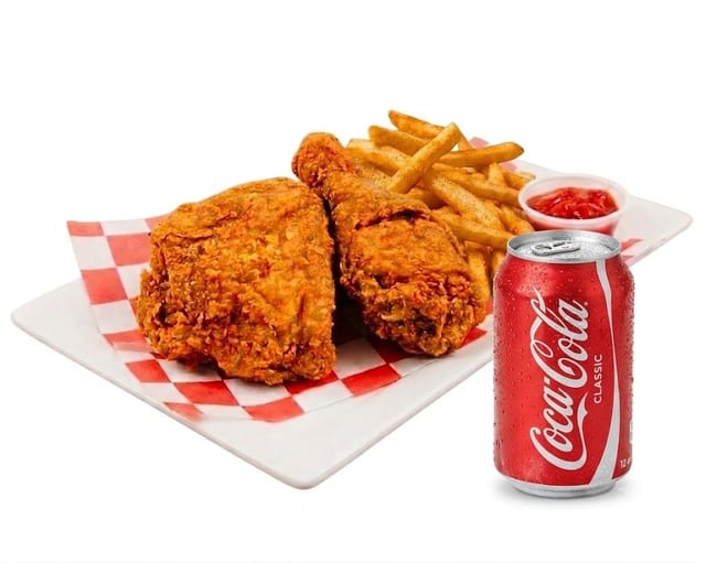 2 Pc. Fried Chicken, Fries & a Can of Soda.